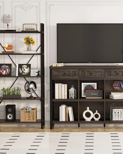 FATORRI Rustic 6 Cube Storage Organizer Shelf with 3 Drawers, Long Horizontal Bookshelf, Industrial Wood and Metal Cubby Bookcase (Walnut Brown, 47 Inch) - LeafyLoom