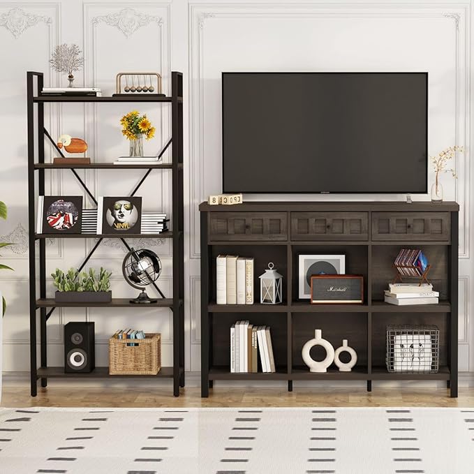 FATORRI Rustic 6 Cube Storage Organizer Shelf with 3 Drawers, Long Horizontal Bookshelf, Industrial Wood and Metal Cubby Bookcase (Walnut Brown, 47 Inch) - LeafyLoom