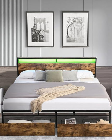 LED Queen Bed Frame with 2 Storage Drawers & Headboard, Platform Metal Bed Frame with Charging Station, Noise-Free, No Box Spring Needed, Vintage Brown - LeafyLoom
