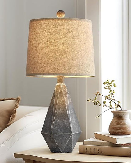 PoKat 20.25" Rustic Farmhouse Table Lamp Sets of 2 for Living Room Bedroom Deep Grey Contemporary Classic Bedside Nightstand Lamp with White Fabric Shade - LeafyLoom