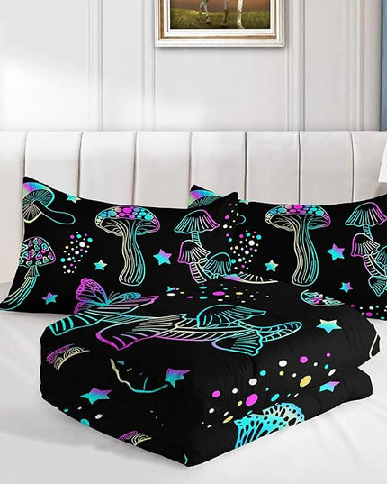 Colorful Mushroom Comforter Set Twin Size Kids Mushroom Butterfly Bedding Set Star Quilt Bed Set for Boys Girls Adults with 1 Comforter and 2 Pillowcases - LeafyLoom