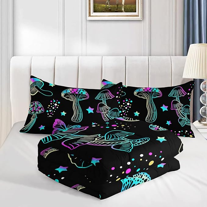 Colorful Mushroom Comforter Set Queen Size Kids Mushroom Butterfly Bedding Set Star Quilt Bed Set for Boys Girls Adults with 1 Comforter and 2 Pillowcases - LeafyLoom