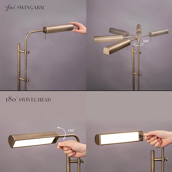 O'Bright Cedric Adjustable Pharmacy Floor Lamp - Industrial Design for Reading, Crafting, Work - 10W LED, Height 45-61 inches - Ideal for Living Room, Bedside, Office - Antique Brass - LeafyLoom