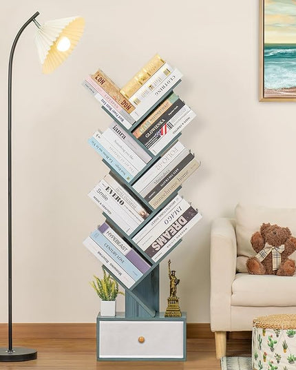 8 Tier Tree Bookshelf with Drawer, Free Standing Wood Bookcase for Narrow Space, Storage Organizer Bookshelves for Books, Book Case for Home Office, Living Room, Bedroom, Navy Blue - LeafyLoom
