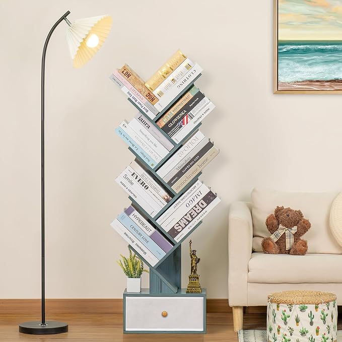 8 Tier Tree Bookshelf with Drawer, Free Standing Wood Bookcase for Narrow Space, Storage Organizer Bookshelves for Books, Book Case for Home Office, Living Room, Bedroom, Navy Blue - LeafyLoom