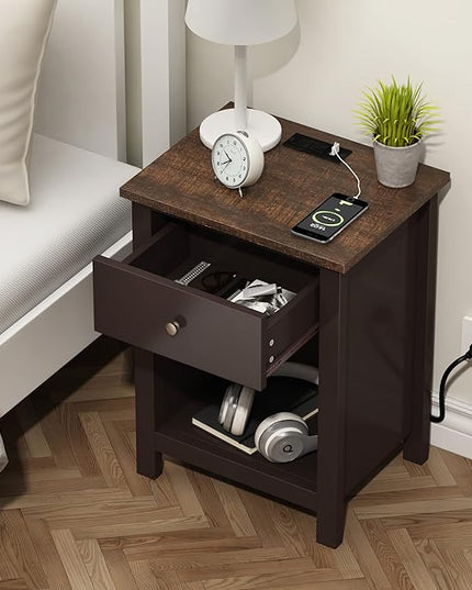 ChooChoo Nightstand with Charging Station, Wooden Top Bedside Table with Drawer and Storage Space for Bedroom, Espresso - LeafyLoom