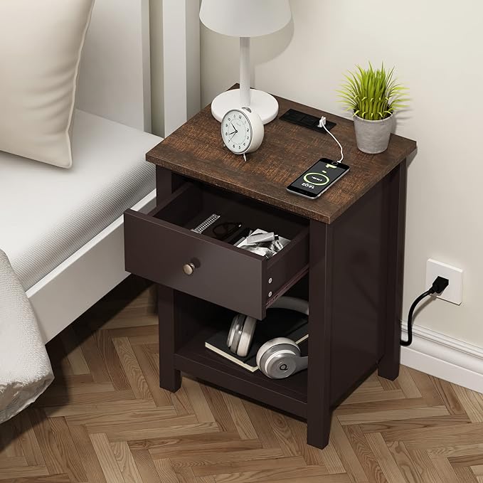 ChooChoo Nightstand with Charging Station, Wooden Top Bedside Table with Drawer and Storage Space for Bedroom, Espresso - LeafyLoom