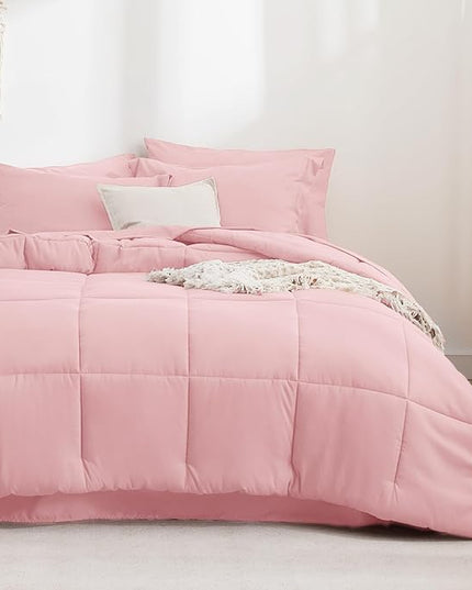 Bedsure Pink Full Size Comforter Set - 7 Pieces Solid Full Bed in a Bag, Full Bed Set Pink with Comforters, Sheets, Pillowcases & Shams - LeafyLoom