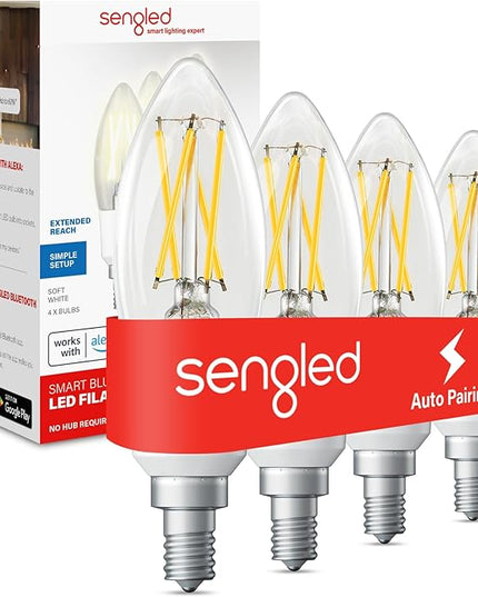 Sengled Smart Light Bulb, E12 Smart Bulb, S1 Auto Pairing with Alexa Devices, Candelabra Light Bulbs, Smart Chandelier Light Bulbs That Work with Alexa, 45W Equivalent, Warm Light Bulbs, 4-Pack Sengled