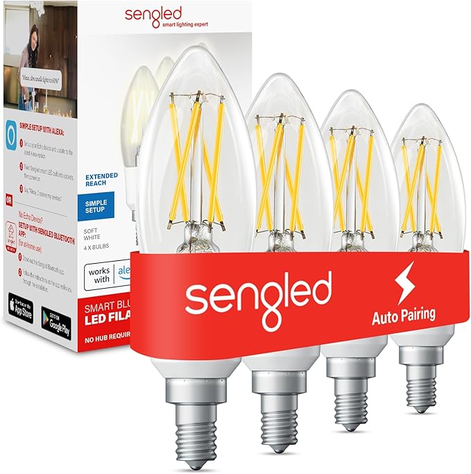 Sengled Smart Light Bulb, E12 Smart Bulb, S1 Auto Pairing with Alexa Devices, Candelabra Light Bulbs, Smart Chandelier Light Bulbs That Work with Alexa, 45W Equivalent, Warm Light Bulbs, 4-Pack Sengled