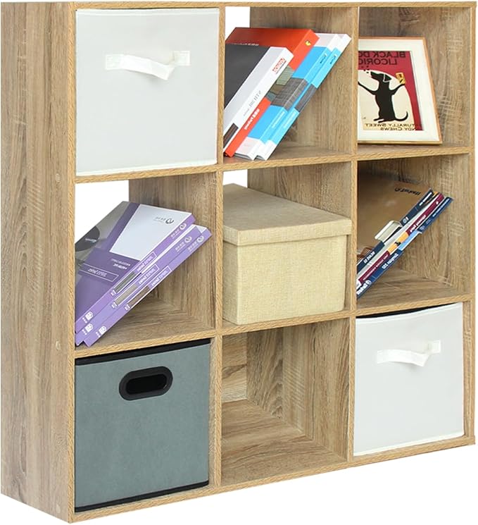 PACHIRA US 9 Cube Storage Bookcase, Unit Shelf, Wooden Closet Cabinet, Bookshelf File Organizer Rack in Living Room, Bedroom, Study, each cube 28.5 cm,Oak - LeafyLoom