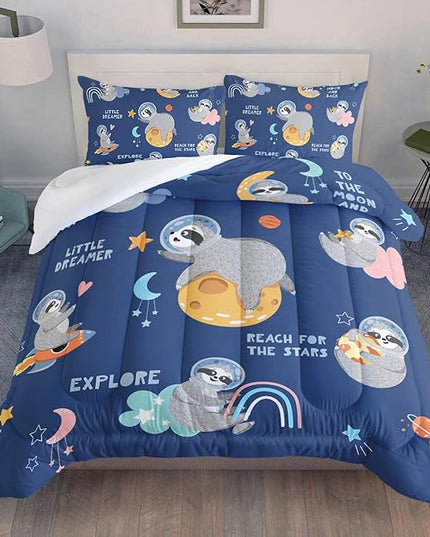 Kawaii Sloth Comforter Set 3 Pieces Outer Space Moon Cloudy Star Bedding Set Cartoon Animal Astronaut Bed Quilt Set for Girls Boys Kids with 1 Comforter and 2 Pillow Cases, Blue - LeafyLoom