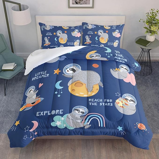 Kawaii Sloth Comforter Set 3 Pieces Outer Space Moon Cloudy Star Bedding Set Cartoon Animal Astronaut Bed Quilt Set for Girls Boys Kids with 1 Comforter and 2 Pillow Cases, Blue - LeafyLoom
