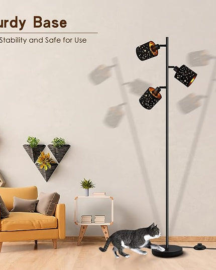Industrial Floor Lamp, Tree Standing Lamp for Bedroom with Adjustable 3-Lights, 4W E12 LED Bulbs, Modern Stand Up Lamp, Metal Tall Rustic Pole Lamp, Vintage Farmhouse Floor Lamp for Living Room, Black - LeafyLoom