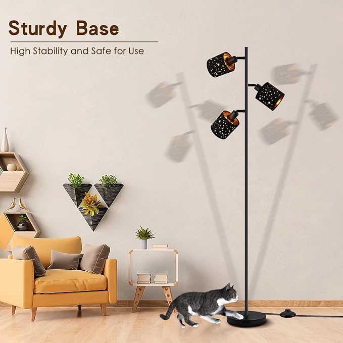Industrial Floor Lamp, Tree Standing Lamp for Bedroom with Adjustable 3-Lights, 4W E12 LED Bulbs, Modern Stand Up Lamp, Metal Tall Rustic Pole Lamp, Vintage Farmhouse Floor Lamp for Living Room, Black - LeafyLoom