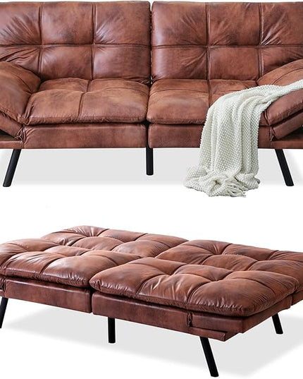 MUUEGM Futon Sofa Bed Couch - Convertible Sofa Bed, Loveseat Sleeper Sofa with Adjustable Backrest, Memory Foam Folding Futon for Living Room, Small Space, Apartment, PU Leather Brown - LeafyLoom