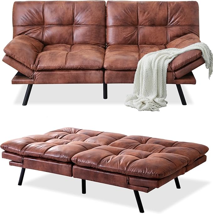 MUUEGM Futon Sofa Bed Couch - Convertible Sofa Bed, Loveseat Sleeper Sofa with Adjustable Backrest, Memory Foam Folding Futon for Living Room, Small Space, Apartment, PU Leather Brown - LeafyLoom