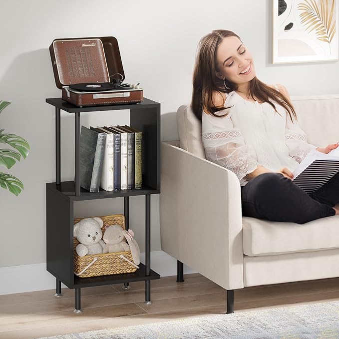 3 Tier Modern Bookshelf, S-Shaped Bookcase,Small Book Shelf for Small Spaces, Unique Bookshelf for Storage Organizer Living Room Bedroom Home Office, Black - LeafyLoom