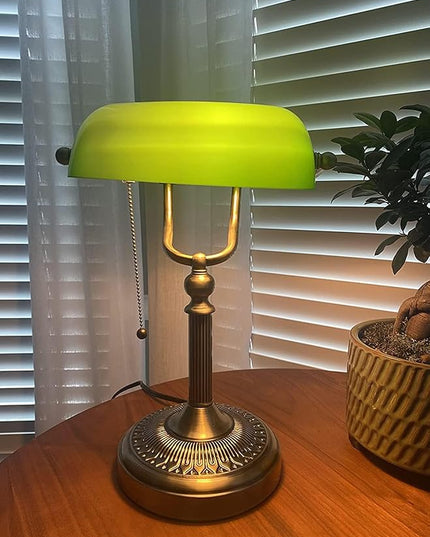 Newrays Green Glass Bankers Desk Lamp with Pull Chain Switch Plug in Fixture - LeafyLoom