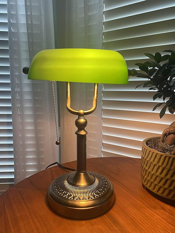 Newrays Green Glass Bankers Desk Lamp with Pull Chain Switch Plug in Fixture - LeafyLoom