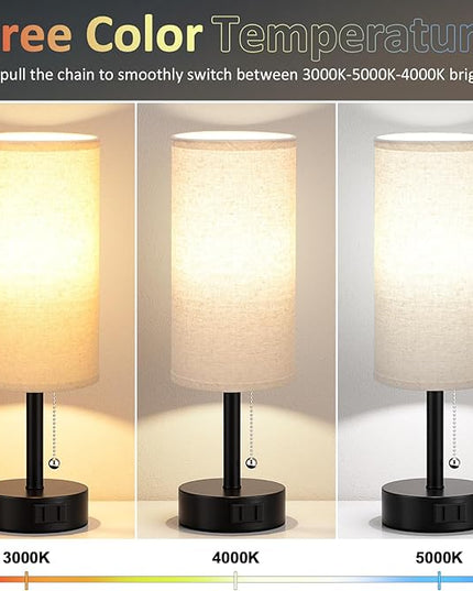Bedside Table Lamps Set of 2 - 3 Color Temperatures Pull Chain Lamp with AC Outlet Charging Port, Two Round Night Stand Lamps for Bedroom Guest Room Office, Small Bed Side Light with E26 LED Bulbs - LeafyLoom