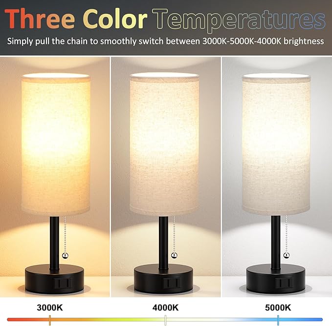 Bedside Table Lamps Set of 2 - 3 Color Temperatures Pull Chain Lamp with AC Outlet Charging Port, Two Round Night Stand Lamps for Bedroom Guest Room Office, Small Bed Side Light with E26 LED Bulbs - LeafyLoom