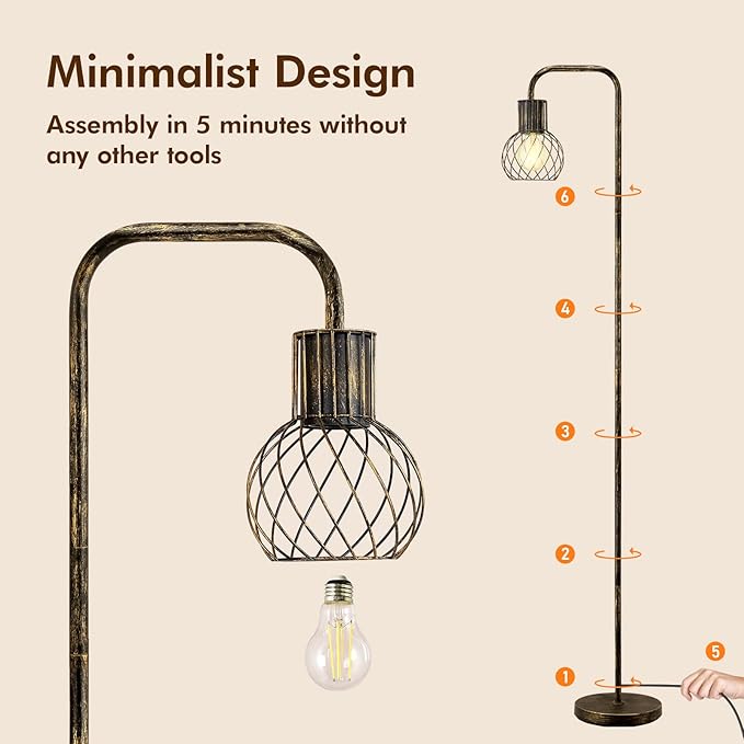Industrial Floor Lamp, Antique Bronze Standing Lamp Modern with 6W LED Bulb, Foot Switch, Metal Tall Lamps for Living Room, Bedroom, Office, Vintage Stand Up Lamp, Minimalist Farmhouse Floor Lamp - LeafyLoom