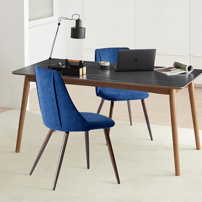 FurnitureR Dining Chairs Set of 2, Upholstered Side Chairs Fabric Armless Living Room Accent Chair with Soft Seat/Metal Legs, Mid-Back Chairs for Home Kitchen Restaurant, Dark Blue - LeafyLoom