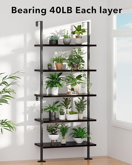 Ladder Shelf Bookcase 5 Tier, Extra Sturdy Modern Bookshelf Wall Mounted, Tall Black Open Book Shelf, Standing Industrial Metal Frame with Wooden Shelves - LeafyLoom