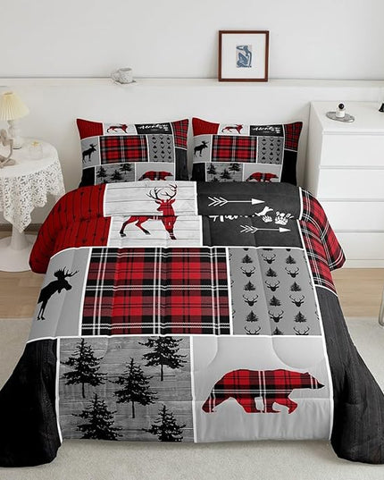 Deer Antlers Bear Kids Comforter Set Twin Size,Plaids Boho Arrows Patchwork Bedding Set for Boys Girls Adults Room Decor,Rustic Adventure Xmas Down Comforter,Red Retro Duvet Insert,1 Pillowcase - LeafyLoom