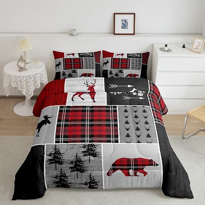 Deer Antlers Bear Kids Comforter Set Twin Size,Plaids Boho Arrows Patchwork Bedding Set for Boys Girls Adults Room Decor,Rustic Adventure Xmas Down Comforter,Red Retro Duvet Insert,1 Pillowcase - LeafyLoom