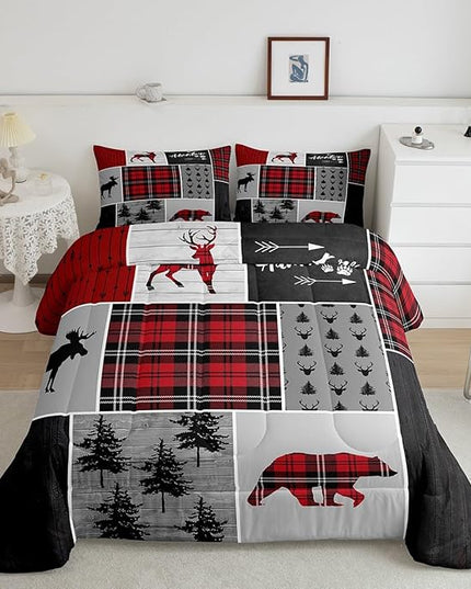 Deer Antlers Bear Kids Comforter Set Queen Size,Plaids Boho Arrows Patchwork Bedding Set for Boys Girls Adults Room Decor,Rustic Adventure Xmas Down Comforter,Red Retro Duvet Insert,2 Pillowcases - LeafyLoom