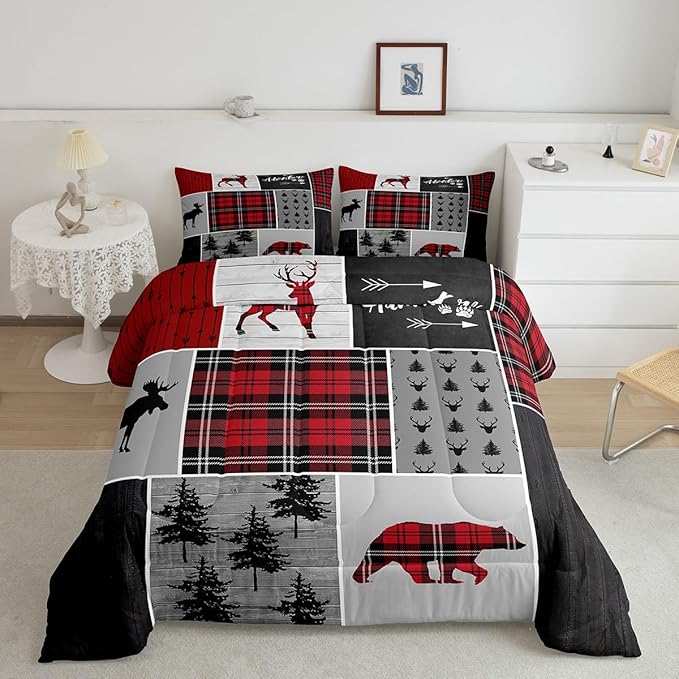 Deer Antlers Bear Kids Comforter Set Queen Size,Plaids Boho Arrows Patchwork Bedding Set for Boys Girls Adults Room Decor,Rustic Adventure Xmas Down Comforter,Red Retro Duvet Insert,2 Pillowcases - LeafyLoom