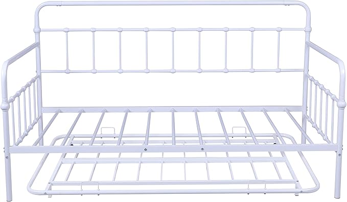 Twin Size Metal bed-Frame Daybed with trundle,Heavy Duty Steel Slat Support,Space Saving Sofa Bed,Modern 2 in 1 Sofa-Bed Frame for Kids Teens Adults,Bedroom Living Room Furniture,White - LeafyLoom
