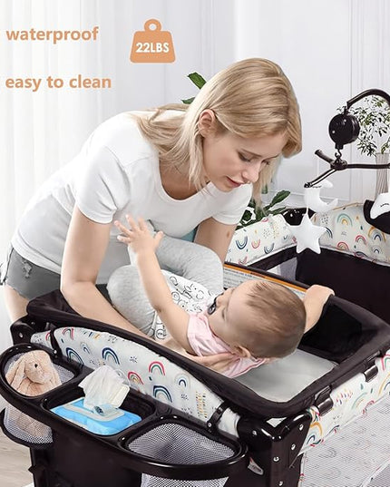 Kinder King 4 in 1 Portable Nursery Center, Foldable Baby Bedside Crib w/Bassinet, Infant Pack n Play Playard Toddler Large Playpen, Newborn Changing Table, Storage Basket, Side Zipper,Multicolour - LeafyLoom