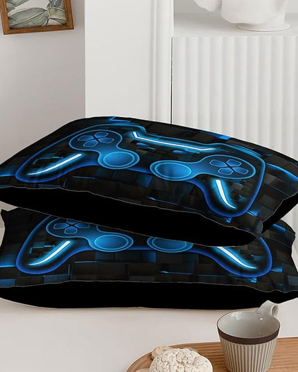 Axolotl Gamepad Comforter Set Full Size,Blue Grid Print Bedding Set,Boys Gaming Console Comforter Set,Modern Gaming controller Geometry Bedding Set for Adult Teens Men,1 Quilt 2 Pillowcases,Blue Black - LeafyLoom