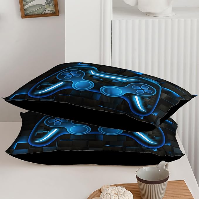 Axolotl Gamepad Comforter Set Full Size,Blue Grid Print Bedding Set,Boys Gaming Console Comforter Set,Modern Gaming controller Geometry Bedding Set for Adult Teens Men,1 Quilt 2 Pillowcases,Blue Black - LeafyLoom