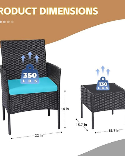 Patio Furniture Set 3 Pieces All-Weather Rattan Outdoor Furniture Patio Chairs with Tempered Glass Table for Porch Bistro Balcony Bistro Set(Black/Blue) - LeafyLoom