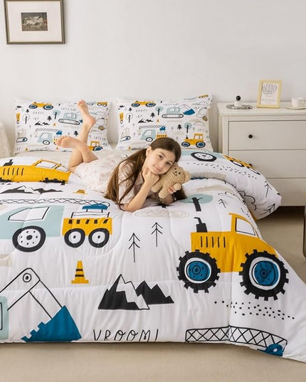 Cartoon Car Kids Comforter Set Construction Bedding Set Decor Equipment Trucks Comforter Cartoon Car Excavator Tractor White Yellow Duvet Set Bedroom Quilt Set 3Pcs Full - LeafyLoom