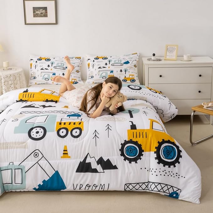 Cartoon Car Kids Comforter Set Construction Bedding Set Decor Equipment Trucks Comforter Cartoon Car Excavator Tractor White Yellow Duvet Set Bedroom Quilt Set 3Pcs Full - LeafyLoom