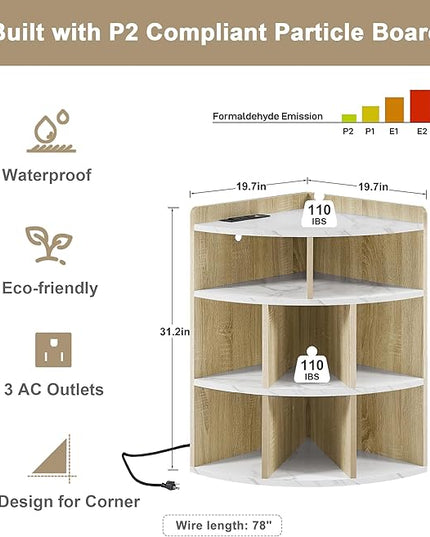 Vecelo Corner Cabinet with Charging Station, 3-Tier Cube Storage Organizer with USB Ports and Outlets, Triangle Bookcases Corner Shelf with 8 Cubbies for Playroom, Bedroom, Living Room, Marble White - LeafyLoom