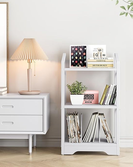 Vagusicc 3 Tier Bookshelf, Small Book Shelf Industrial Bookshelf, Wood Short Book Shelf Office Shelves with Metal Frame, White Open Shelf Storage Organizer Bookcase for Living Room Bedroom, White - LeafyLoom