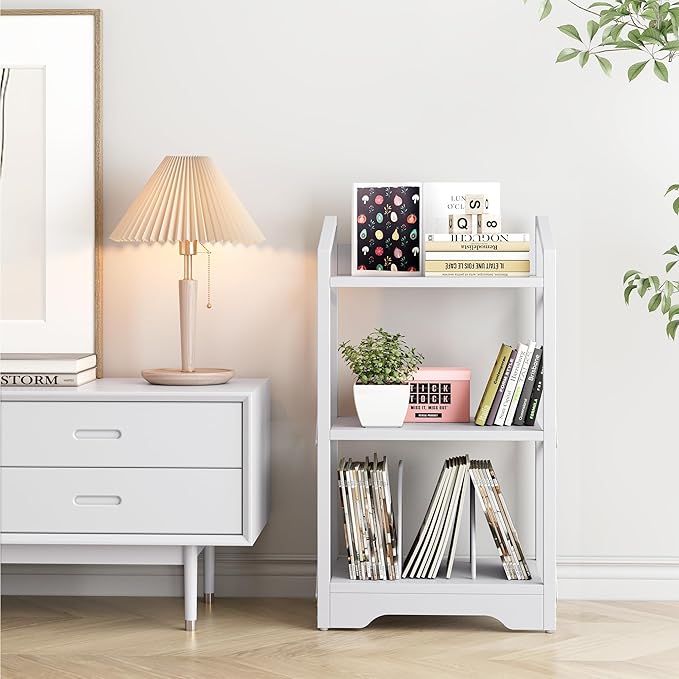 Vagusicc 3 Tier Bookshelf, Small Book Shelf Industrial Bookshelf, Wood Short Book Shelf Office Shelves with Metal Frame, White Open Shelf Storage Organizer Bookcase for Living Room Bedroom, White - LeafyLoom