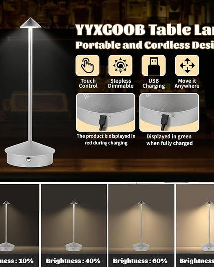 Rechargeable Battery Operated Desk Lamp with Touch Sensor Cordless Portable LED Table Lamp， Three-Level Dimmable Suitable for Bars/Cafes/Restaurants/Bedrooms/Camping Sites (Silver) - LeafyLoom