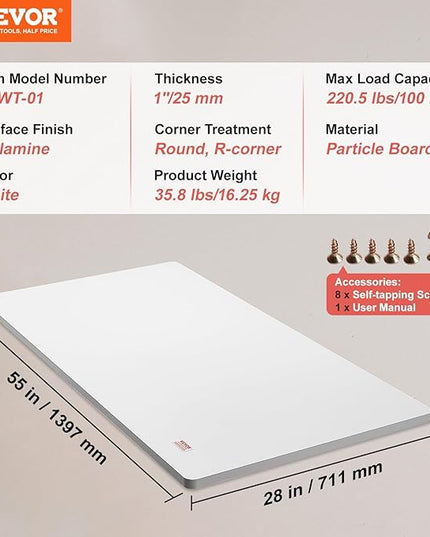 VEVOR One-Piece Particle Board Desktop Universal Tabletop, 55" D x 28" W x 1" H, White - LeafyLoom