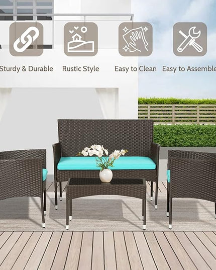 FDW 4 Pieces Patio Furniture Set Wicker Patio Conversation Set with Rattan Chair Loveseats Coffee Table for Outdoor Indoor Garden Backyard Porch Poolside Balcony,Brown Wicker/Blue Cushions - LeafyLoom