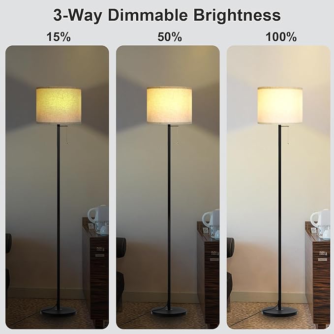 Modern Floor Lamp for Living Room Traditional Farmhouse Floor Lamps Mid-Century Pole Lamp with Linen Lamp Shade, Standing Tall Floor Lamps for Bedrooms and Office (Black-01) - LeafyLoom