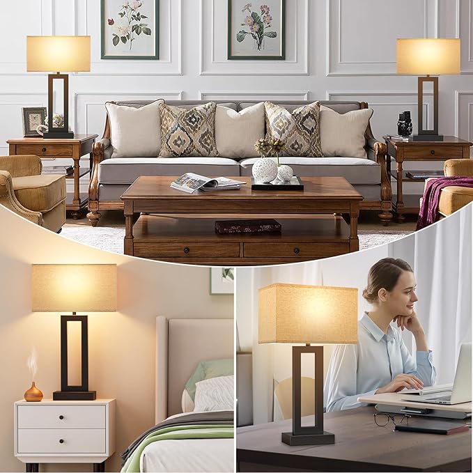 22" Tall Living Room Lamps for Night Stands - Touch Bedside Lamp with USB C+A, 3 Way Dimmable bedroom Lamps for End Tables Set of 2, Modern Night Stand Lamps for Bed Side(Beige&Black) - LeafyLoom