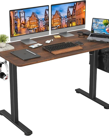 STARY Electric Adjustable Height Sit Stand Home Office Desk with Splice Board, 48x24, Rustic Brown/Black Frame - LeafyLoom