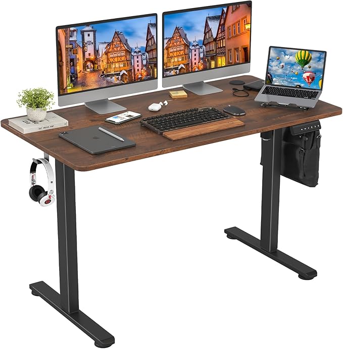 STARY Electric Adjustable Height Sit Stand Home Office Desk with Splice Board, 48x24, Rustic Brown/Black Frame - LeafyLoom
